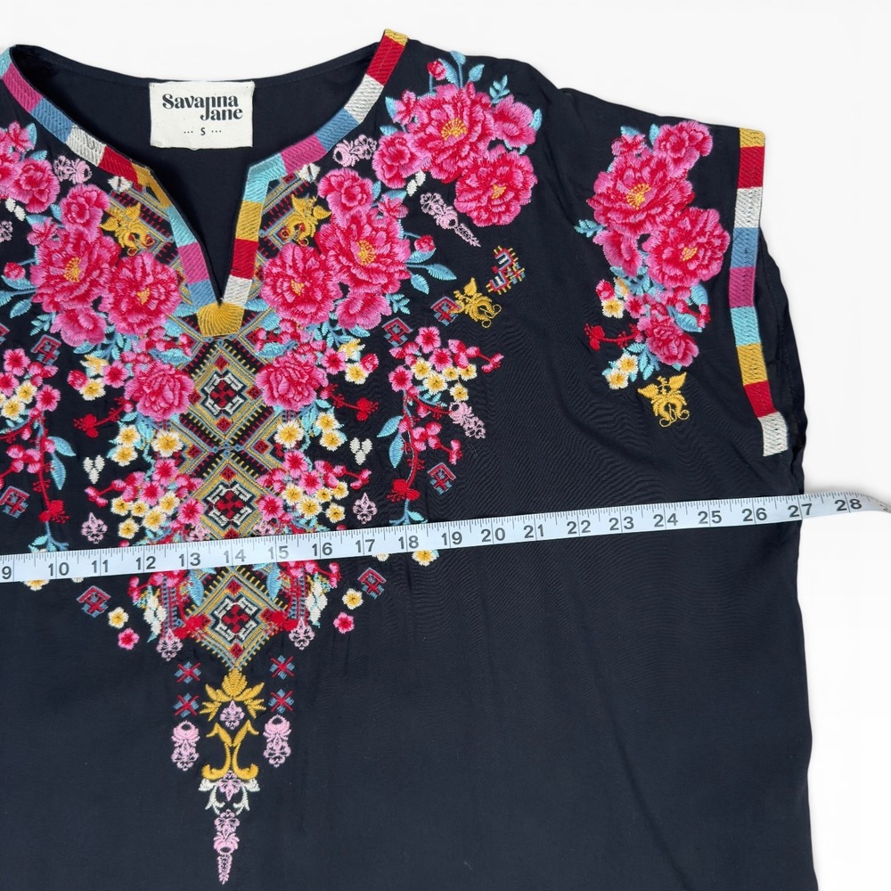 Savanna Jane Embroidered Blouse Oversized Small Black Floral Boho Peasant Top‎ - Picture 5 of 9